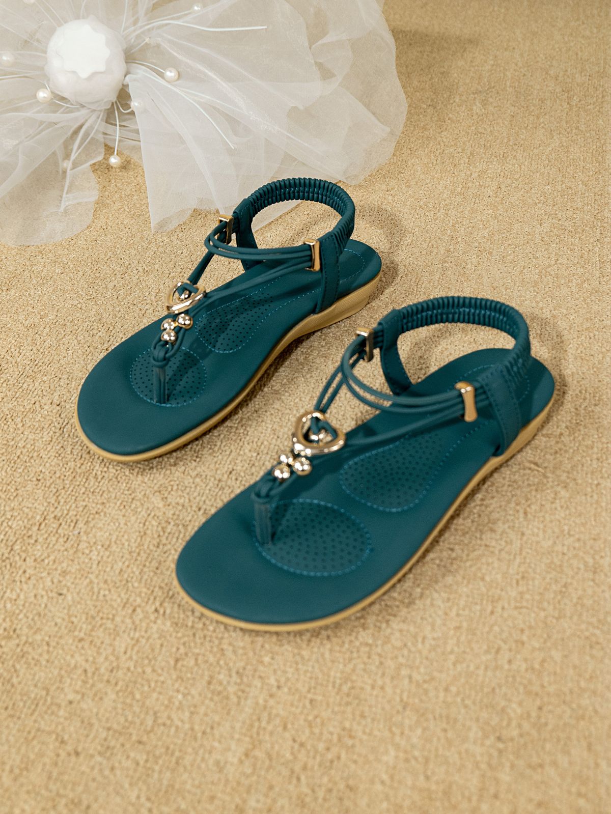 Women's Bohemian Beaded Heart Slide Sandals Slip On Open Toe Comfortable Flat Thong Sandals_vogvips.com