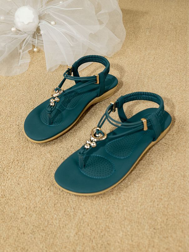 Women's Bohemian Beaded Heart Slide Sandals Slip On Open Toe Comfortable Flat Thong Sandals_vogvips.com