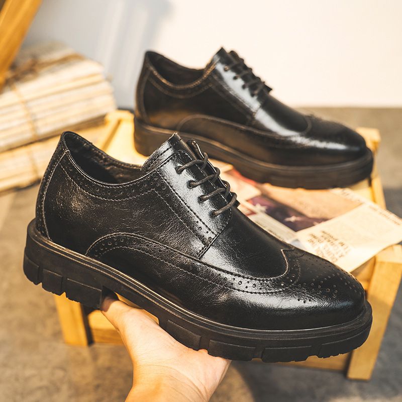 Euro Step Casual Fashion Derby Men's Small Brogue Genuine Leather Height Increasing Wedding Groom Shoes_vogvips.com