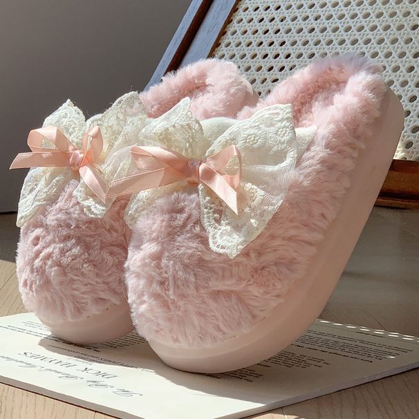 Korean Women, Ins Fairy Style With Bowknot, Plush Winter, Indoor Non-Slip Home Cotton Slippers For Students_vogvips.com