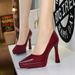 8399 European And American Style Banquet Fashion Simple Pointed Toe Heels Chunky Patent Leather Waterproof Platform_vogvips.com
