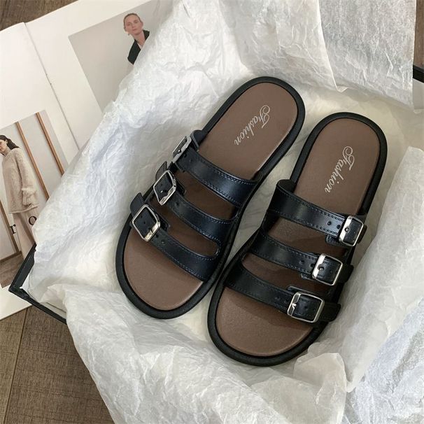 2026 Fashion Flat Slippers For Women In Summer Buttoned Up And Worn With A Straight Drag On Beach Slippers_vogvips.com
