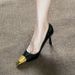 Yang Shulin Style Metal Square Sexy Stiletto Women's Black Patent Leather Versatile Slip-On Iron Toe High Heels_vogvips.com