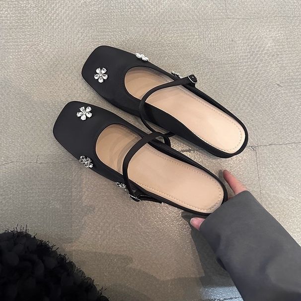 Rhinestone Flower Peep-Toe Slippers Summer 2025 New French Style Stunning Half Mules Mary Jane Shoes For Women_vogvips.com