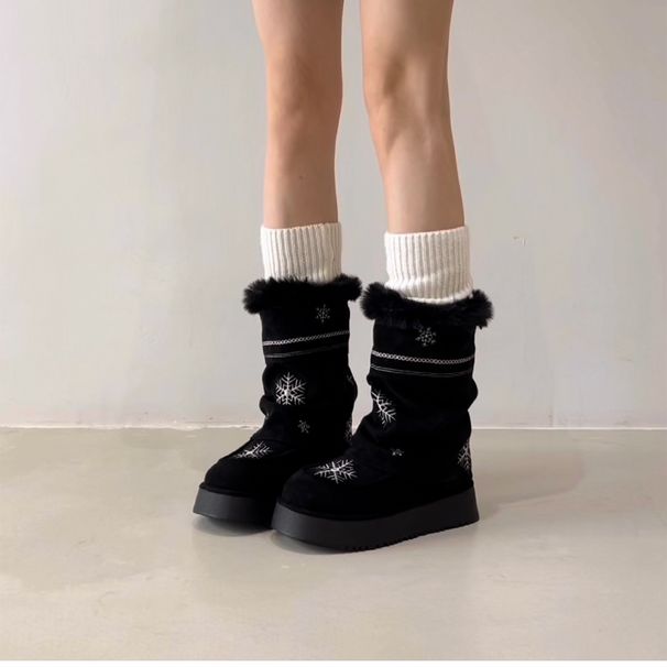 Snowflake Embroidery Thick-Soled Snow For Women 2025 Winter New Style Fleece-Lined Thickened Warm Shoes_vogvips.com
