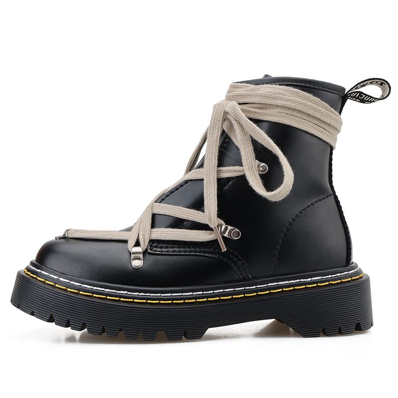 Trendy Shoes Short Mid Length Boots Men's And Women's Thick Soled Pentagram Strap British Style Round Toe Leather_vogvips.com