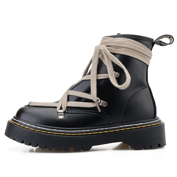 Trendy Shoes Short Mid Length Boots Men's And Women's Thick Soled Pentagram Strap British Style Round Toe Leather_vogvips.com