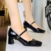 6292 Style Elegant Women's With Rhinestone Flat And Square Toe Patent Leather Shiny Surface, Shallow Mouth, Thick Heel,_vogvips.com