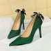 3391-H62M Wind Stiletto Ultra High Heels With Water Diamond Rear Bow Decoration Pointed Shallow Mouth Suede Single Shoe_vogvips.com