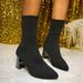 Pointed Toe Fly Knit Stretch 2025 Autumn Winter Plus Size High Chunky Heel Short Boots Women_vogvips.com