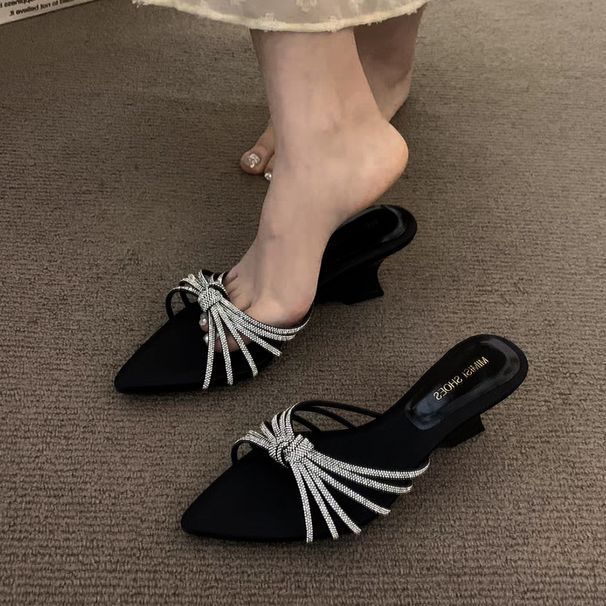 Fairy Wind Diamond Thin Strap Flip Flops Women's Summer Outwear New Pointed Toe Wedge Heel Elegant Sandals_vogvips.com