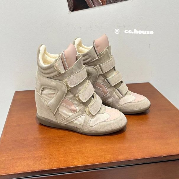 Women's High Top Flat Casual Shoes Color Block Round Toe Hidden Height Increase Velcro Sneakers Versatile_vogvips.com
