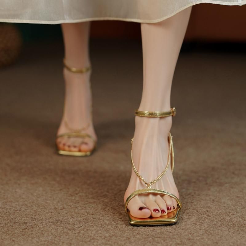Gold Women's Fashion Stilettos, Open-toed Chain Sandals_vogvips.com