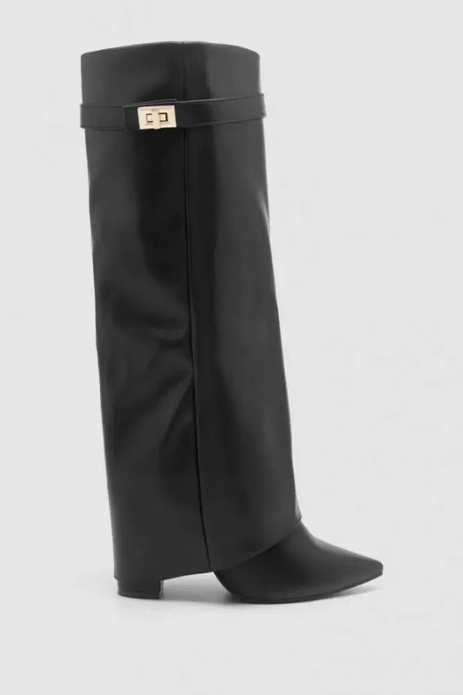 Cross-Border Foreign Trade Pointed Toe Tube Straight Metal Buckle Mid-Calf Large Size Chunky Heel Trouser Women's Boots_vogvips.com