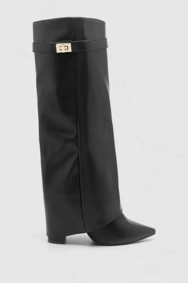 Cross-Border Foreign Trade Pointed Toe Tube Straight Metal Buckle Mid-Calf Large Size Chunky Heel Trouser Women's Boots_vogvips.com
