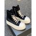 Chunky Platform High-Top Sneakers Double Sole Lace-Up & Side-Zip Casual Shoes In Black Canvas & Leather Thick Soled Double Layer Lace Up Casual Shoes_vogvips.com