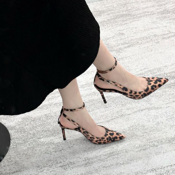 Pointed Leopard Print One-word Buckle High Heels Female French Temperament Not Tired Feet Sexy Stiletto_vogvips.com