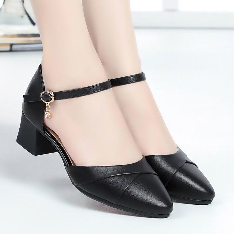 Baotou Sandals Women's Soft Leather Mother Sandals Hollow High Heels Women's Shoes Thick Heel Versatile Single Shoes_vogvips.com