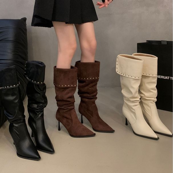 Black Long For Women 2025 Autumn Pointed Toe Slimming Pleated Stacked Small Stature Studded Thin Heel Over-the-Knee_vogvips.com