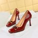 Heeled Shoes For Women Slim Super High Heels Shiny Finish Patent Leather Shallow Mouth Square Toe_vogvips.com