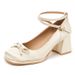 Elegant French Chunky Heel Mary Jane Pumps - Satin Ballet Shoes With Platform For Women - Comfortable Round Toe Mid Heel Dress Shoes In Beige & Black_vogvips.com