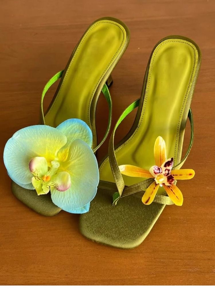 Women's Shoes French Handmade Asymmetrical Flower Sandals For Women New Style Satin Clip On Stiletto Half Slip High Heels_vogvips.com