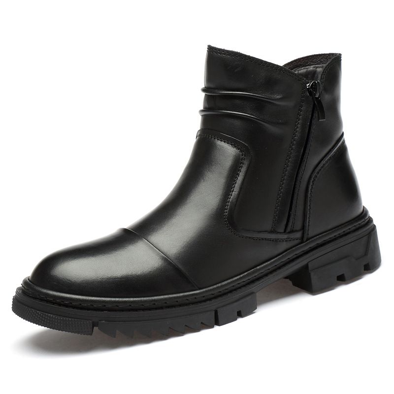 Casual Boots Leather Splicing Round Head Side Zipper High Top Men's Boots Rubber Non-slip Single Shoes_vogvips.com