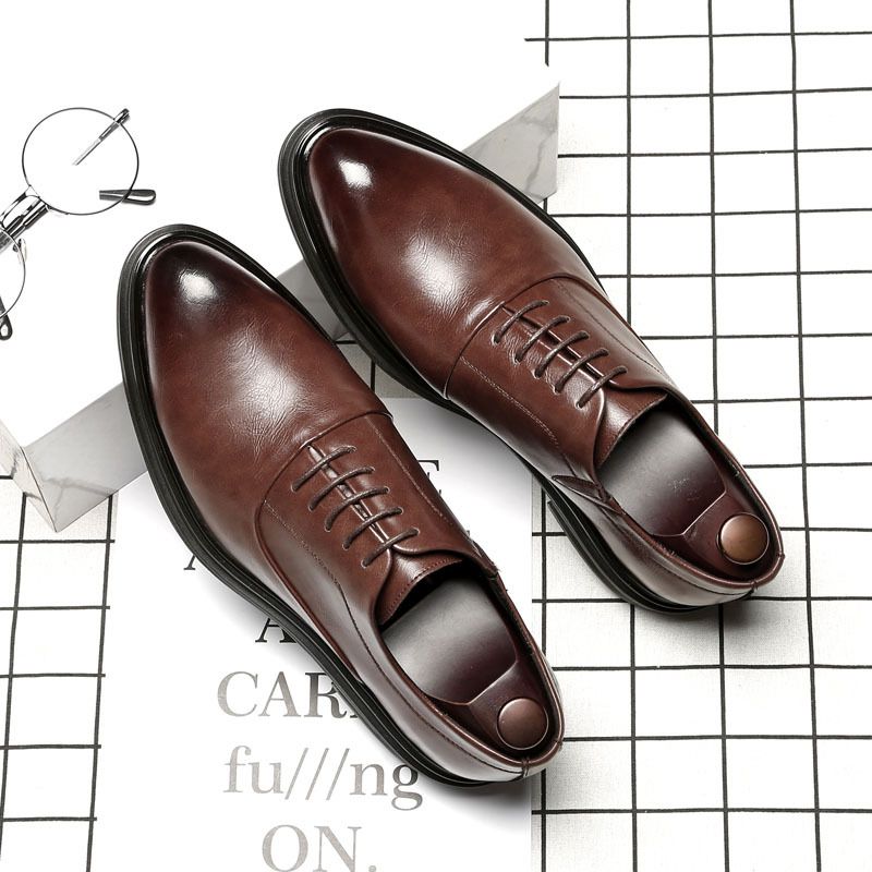 Men's Korean Style Pointed Toe Lace-up Thick-soled Business Formal Casual British Soft Leather Wedding Shoes 3018_vogvips.com