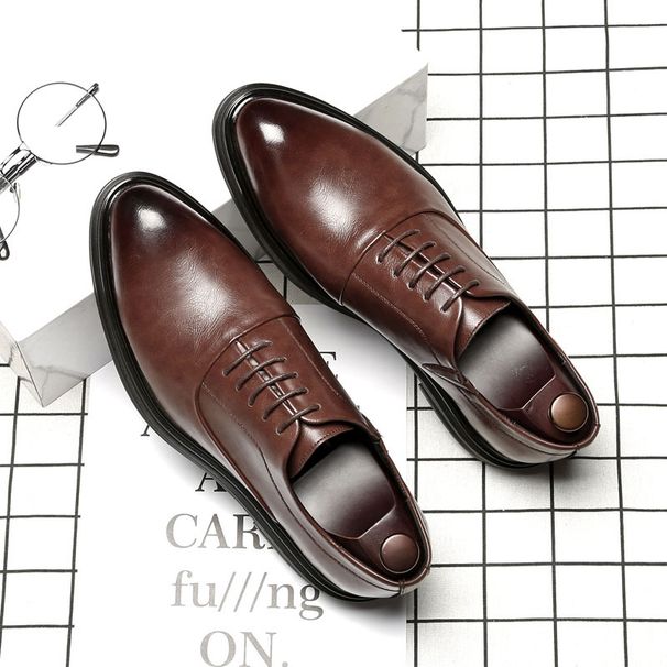 Men's Korean Style Pointed Toe Lace-up Thick-soled Business Formal Casual British Soft Leather Wedding Shoes 3018_vogvips.com