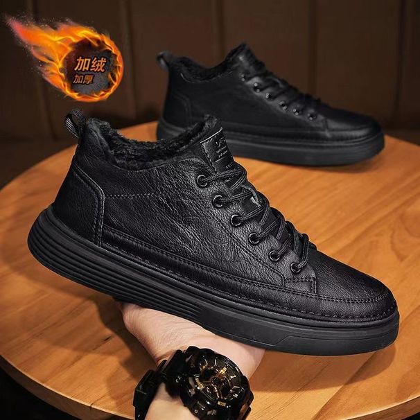 Winter Men's Shoes With Fleece, Men's Chef Shoes, Korean Style Versatile Non-Slip Black Leather Shoes, Casual Thickened_vogvips.com