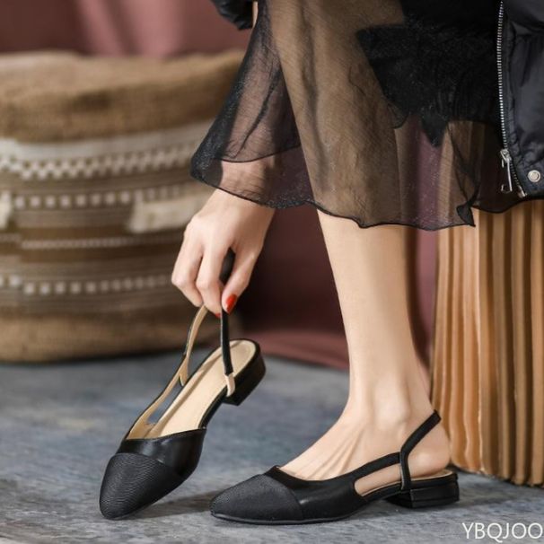 Summer Fashion Color Blocked Flat Bottom Coarse Heel Women's Sandals New Small Fragrant Style Shallow Mouth Low Tailored_vogvips.com