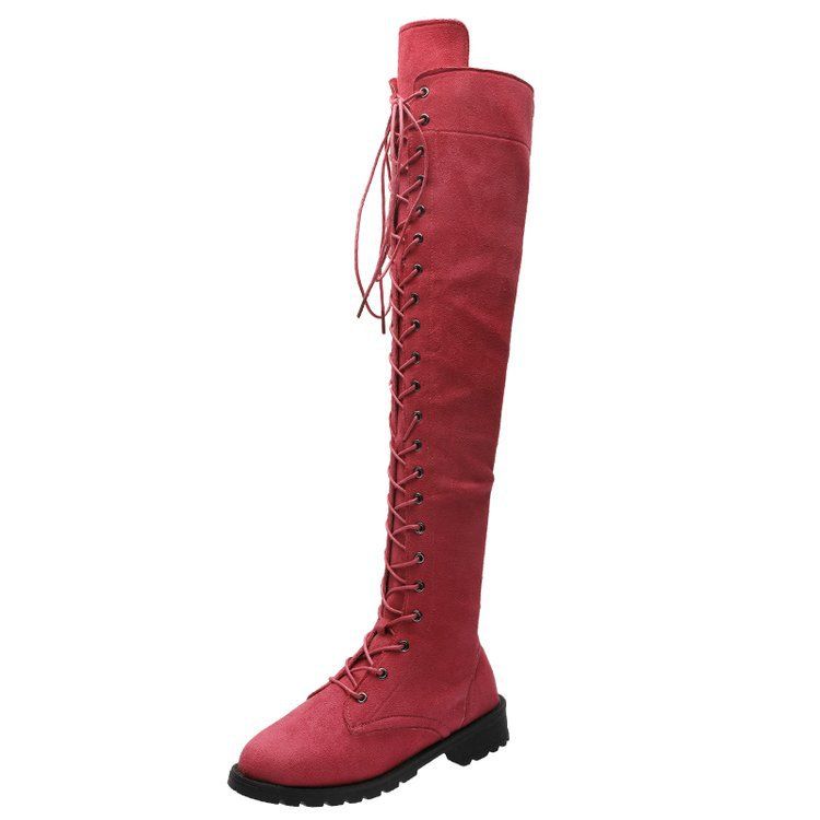 2020 Plus Size Riding Women's Front Lace-up Over-the-knee Low Heel Ankle Boots_vogvips.com