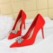 18249-K51 European And American Style Banquet Stiletto Ultra High Heels Shallow Mouth Pointed Toe Satin Rhinestone Bow_vogvips.com