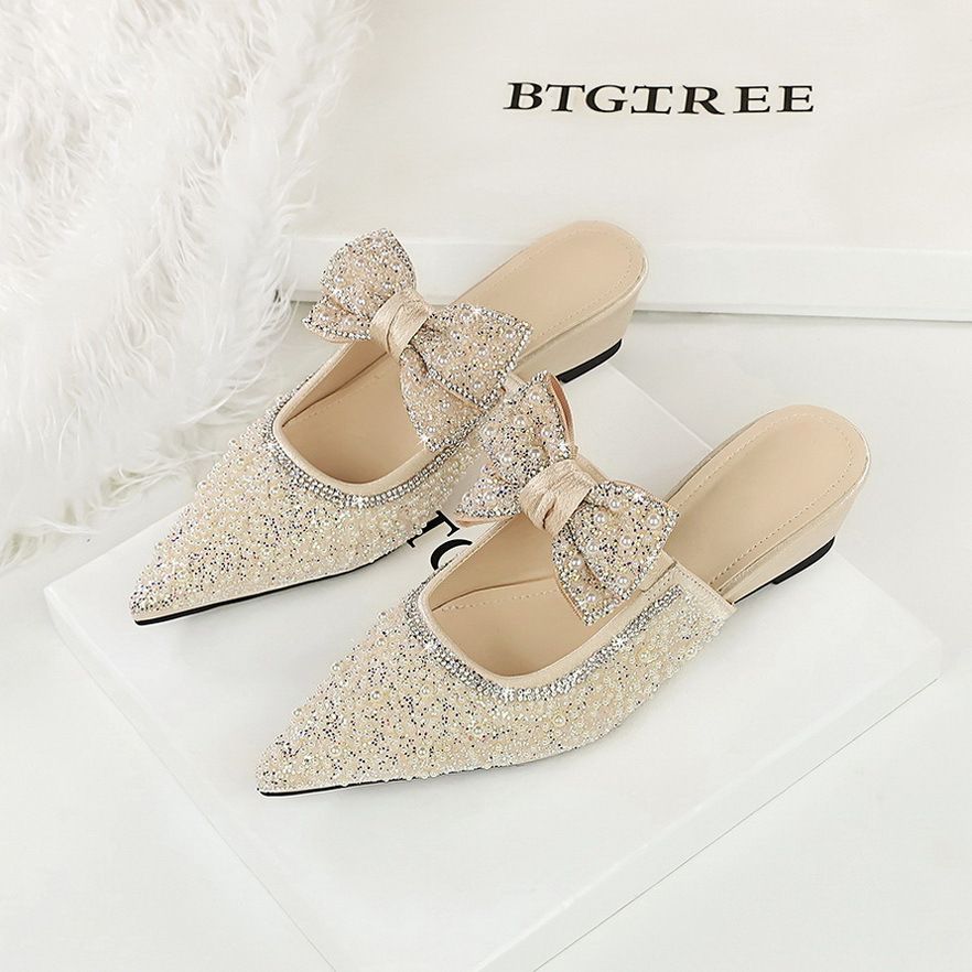 French Fairy Bow Pearl Rhinestone Bag Head Drag Girl Wearing High-end One-pedal Women's Shoes_vogvips.com