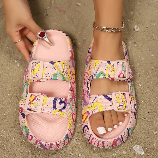 Thick Sole Women's Pink Slippers Irregular Heart Doodle Print Buckle Slipper Beach Walk Outdoor Home Shower Sweet Cute Slippers_vogvips.com