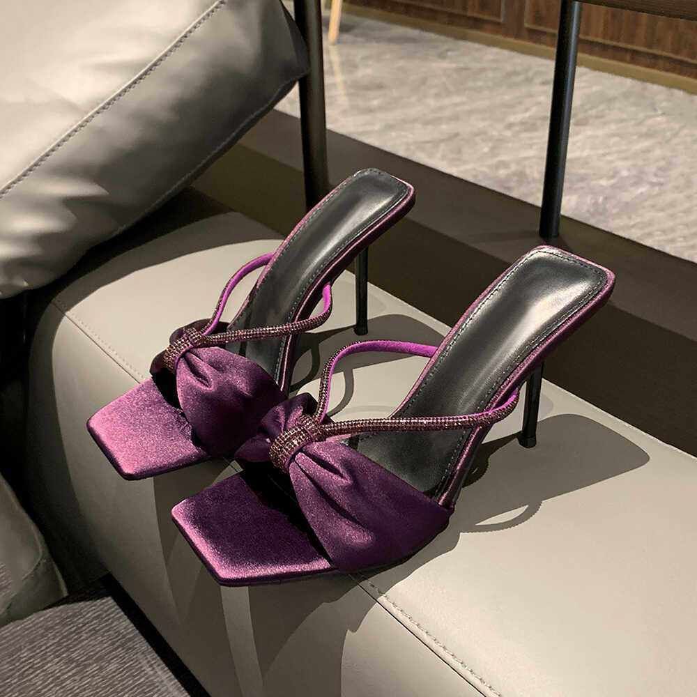 Silk Satin Rhinestone Strap Sandals For Women 2026 Summer New Bow Open-Toe High-Heel Outdoor Slippers_vogvips.com