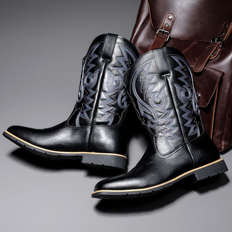 Tube Amekaji Embroidered High Work Men's Western Cowboy Trendy Motorcycle Rider Square Toe Riding Boots_vogvips.com