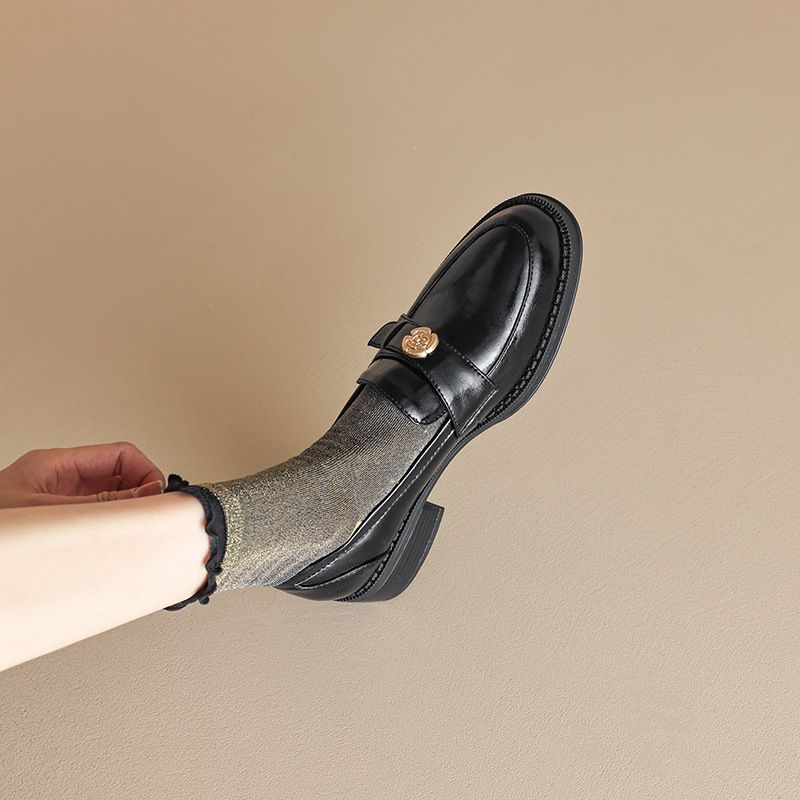 Small Leather Shoes Left Bank Patent Leather Thick Heel Gold Buckle Single Shoes Loafers Women_vogvips.com