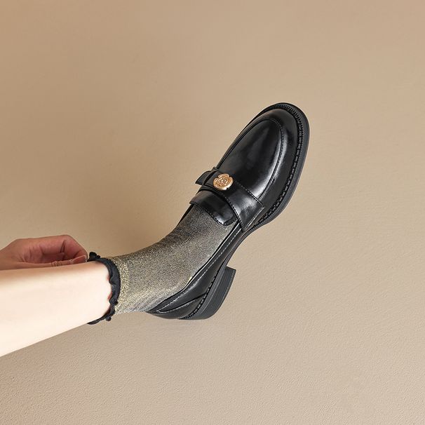 Small Leather Shoes Left Bank Patent Leather Thick Heel Gold Buckle Single Shoes Loafers Women_vogvips.com