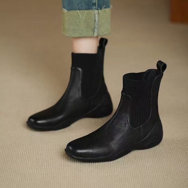Soft Leather Low&Short Boots, Sports Soled Soft Soled Elastic Socks Women's Boots, Autumn And Winter 2025 New, Flat Bottomed Small Leather Boots_vogvips.com