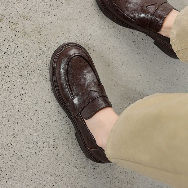 Tread Vintage Brown Flat Loafers For Women Spring And Autumn New Round Toe Single Small Leather Shoes_vogvips.com