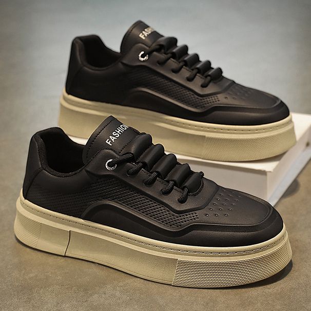 Men's Shoes Breathable Black Leather Panel Shoes Men's Platform Sports And Leisure Shoes_vogvips.com