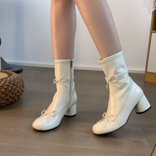 2025 New Spring Summer Short Thick Heel White Bowknot Ballet Style Stretch Slim Women's Martin Boots_vogvips.com