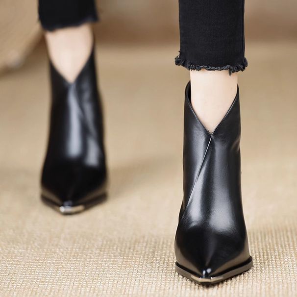 High-End 2024 Winter New Fashion Elegant Thick High Heel Back Zipper Pointed Toe Comfortable Versatile Short Boots_vogvips.com