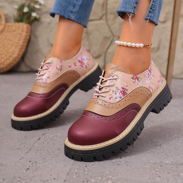 Women's plus Size Low Top Platform Shoes Lace-Up Leather Single Autumn Printed New Style_vogvips.com
