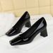 6291 Korean Style Fashionable Square Toe Women's Shoes With Shallow Mouth Patent Leather Thick Heel Mid Heel, Versatile_vogvips.com