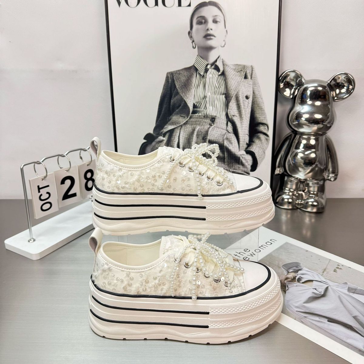 2025 Spring New European Style Sequin Canvas White Shoes For Women Korean Version Platform Thick Sole Height Increasing_vogvips.com