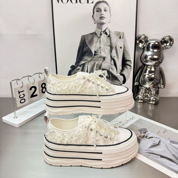 2025 Spring New European Style Sequin Canvas White Shoes For Women Korean Version Platform Thick Sole Height Increasing_vogvips.com