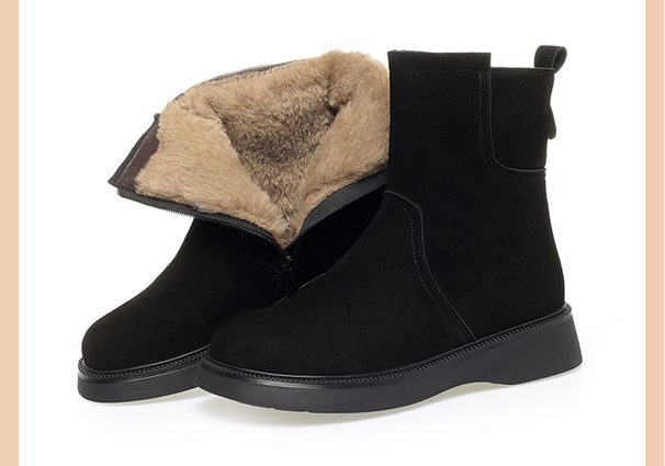 Winter Suede Cotton Shoes For Women, Cotton Leather Shoes, Soft Leather Wool Cotton Boots, Women's Short Boots, Mid Heeled Snow Boots_vogvips.com