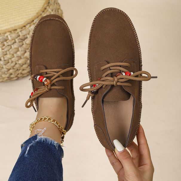 Retro Flat Shoes for Women Lace up Beaded Slip-On Comfortable plus Size Autumn New_vogvips.com